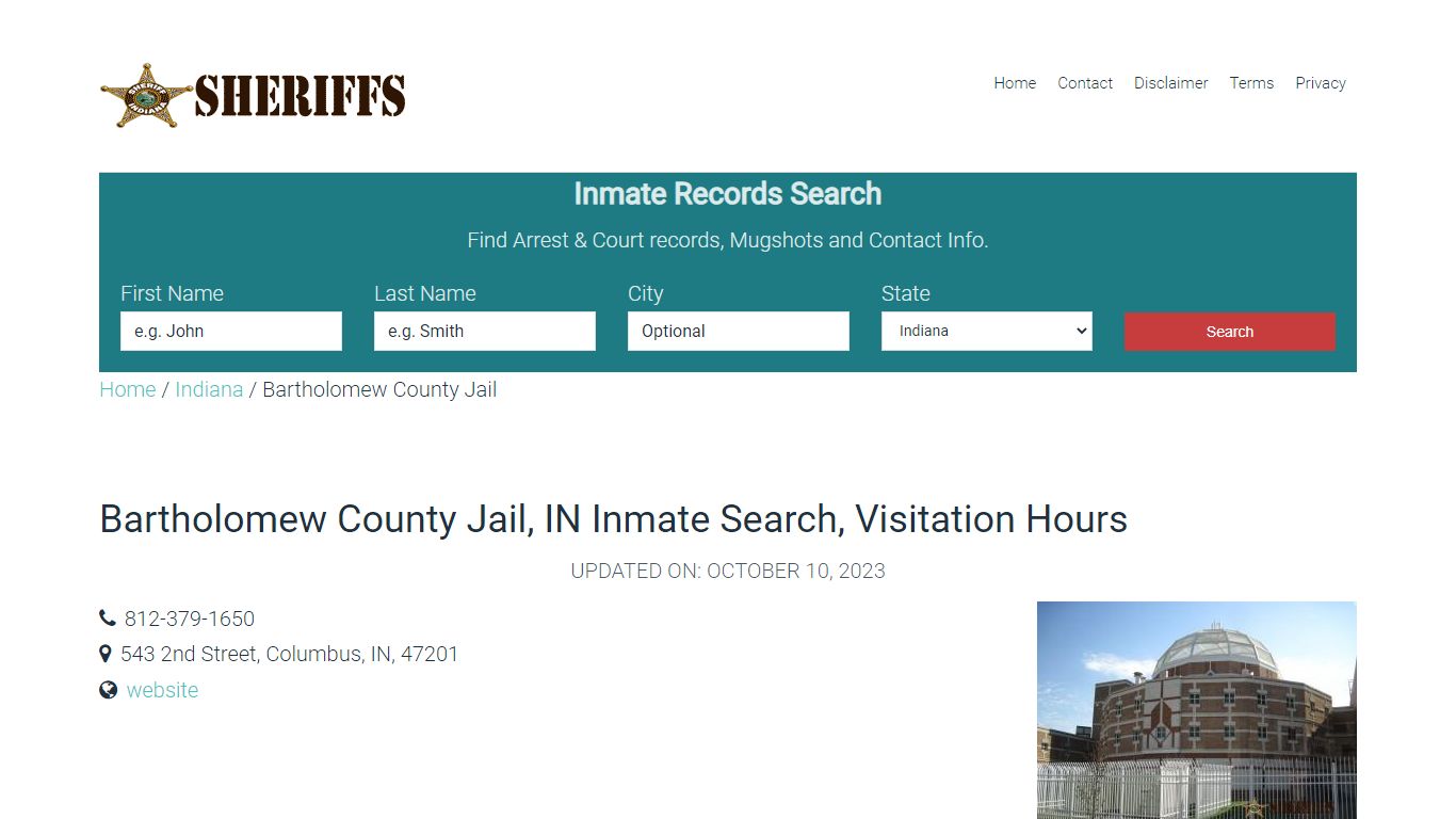 Bartholomew County Jail, IN Inmate Search, Visitation Hours